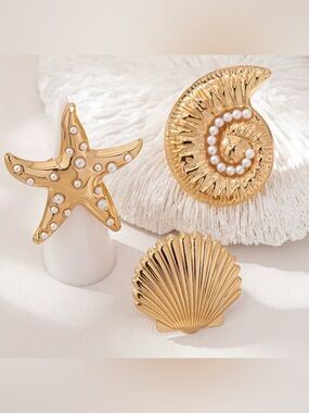 3 Gold Sea Shell Large Ring Pearl Set - Women Jewelry Set